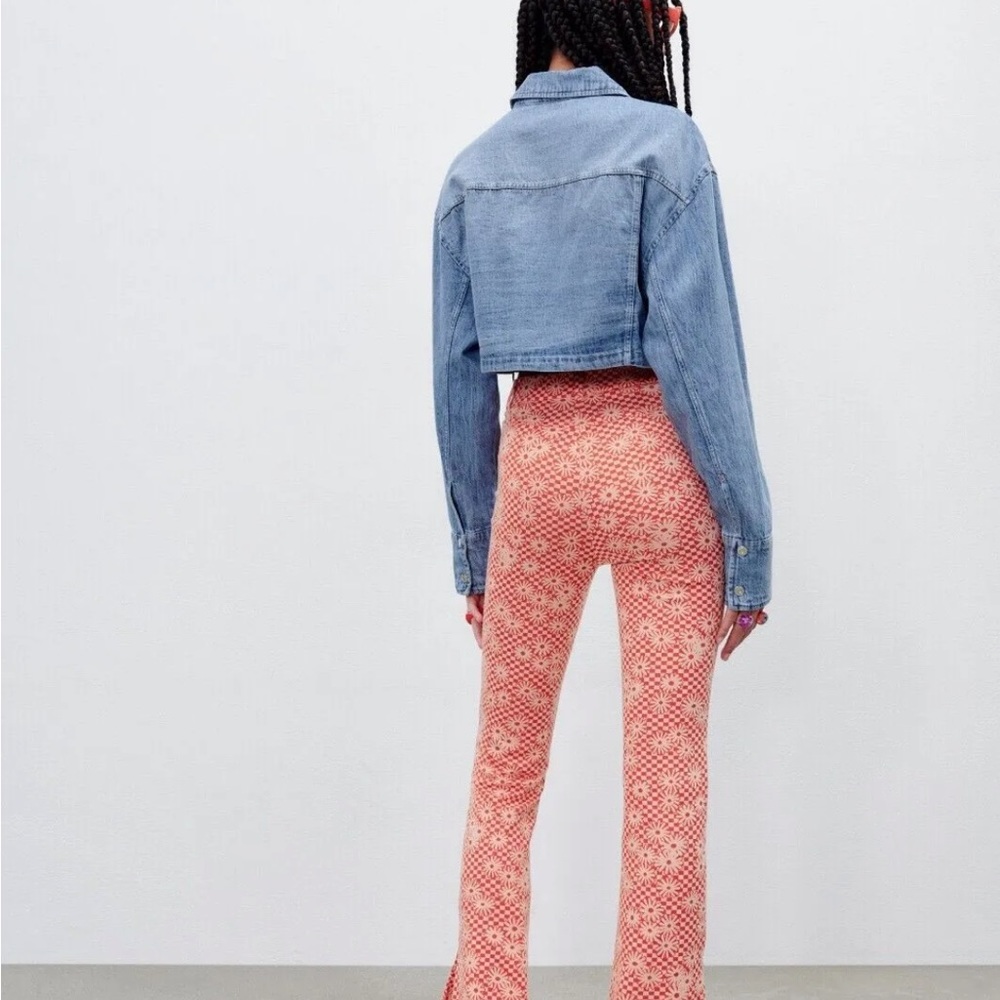 🔥🔥 Zara Orange Daisy Print Flare Bottom Pants Size S Bloggers Favorite!!